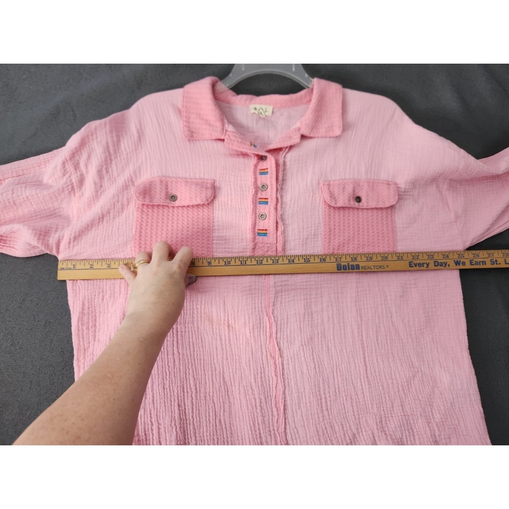 POL‎ | Oversized V-neck Pink Ballon Sleeve Boho Chic Patchwork Tunic Top M Gauze - Picture 7 of 11